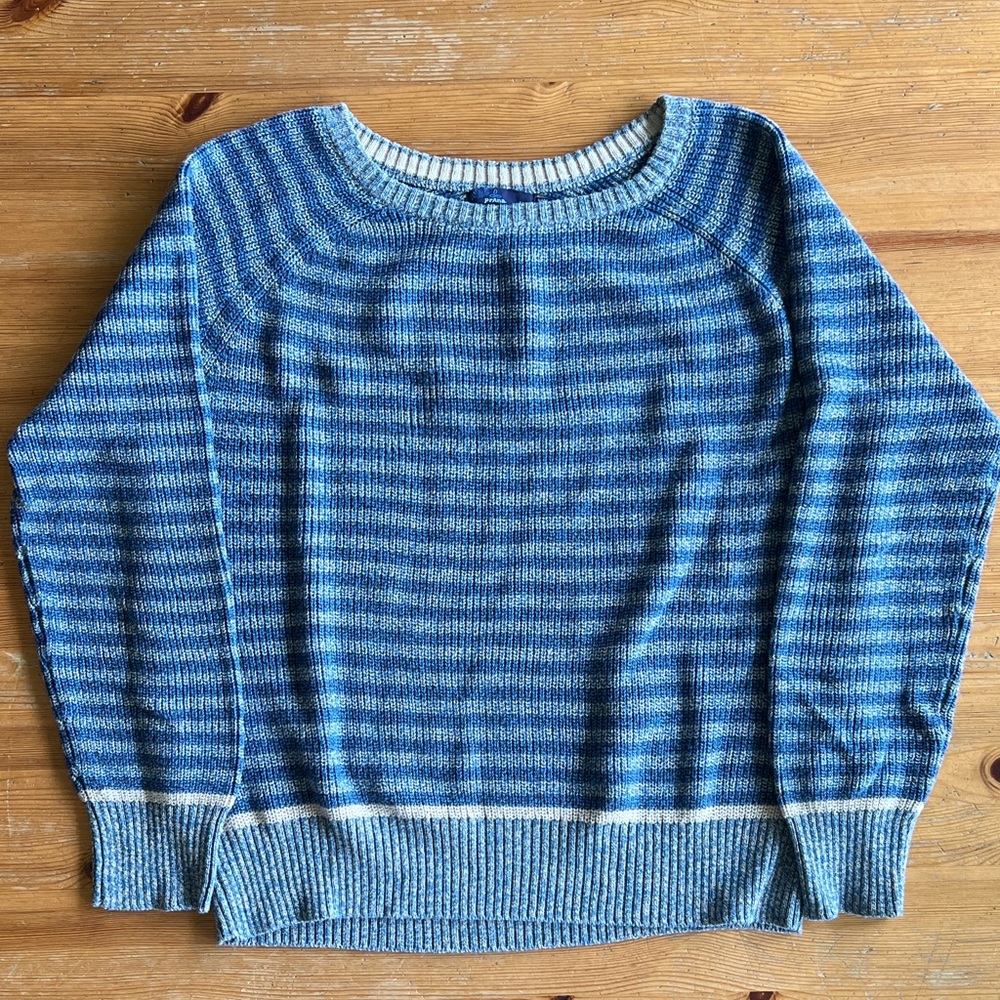 Prana Blue and White Striped Crew Neck Sweater